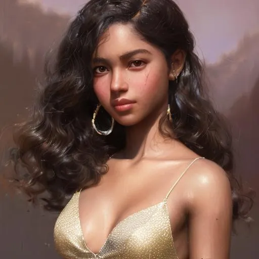 Prompt: Girl with dark skin, lose bronze curls, clear brown eyes, wearing a sliver glittering dress, close up, extremely detailed, novel realistic. Krenz Cushart + loish +gaston bussiere +craig mullins, j. c. leyendecker +Artgerm, oil painting texture oil painting effect. 