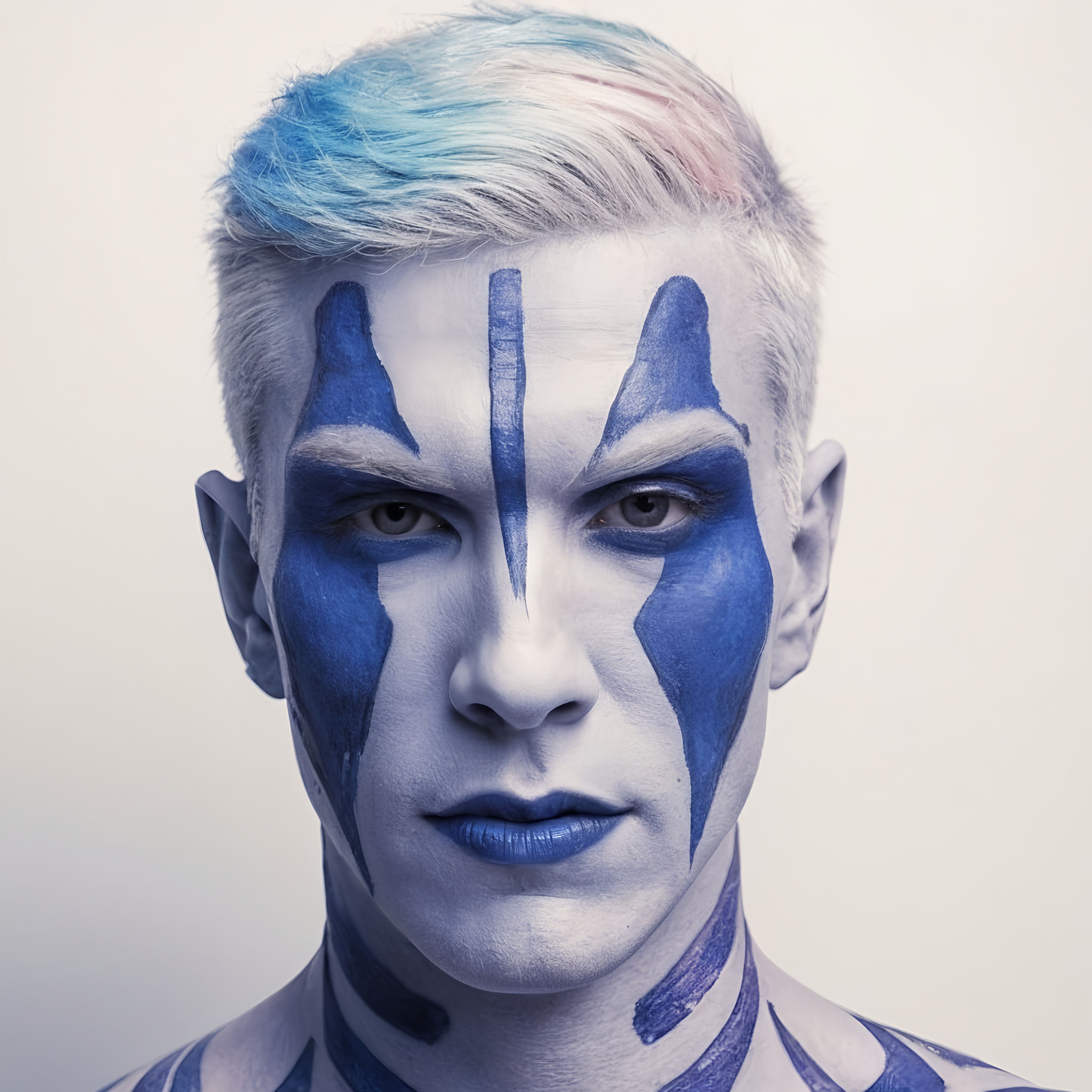 Prompt: a man with blue and white face paint on his face and chest, with a blue mohawk and blue hair, neo-fauvism