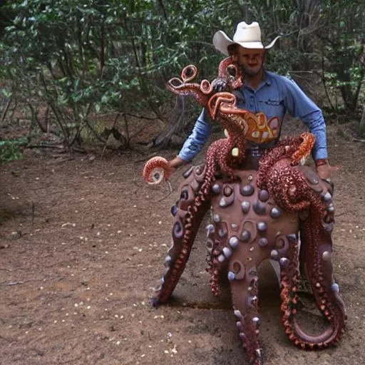 Prompt: A Cowboy Riding an octopus with eight tentacles as legs in the jungle 
