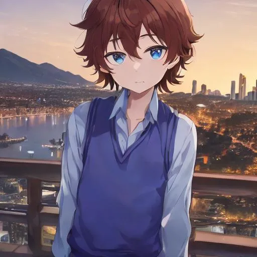 Prompt: A high, 4k, and best quality image of a small short young anime boy, with brown hair, blue eyes, wearing a blue vest shirt, chill face expression, looking at the viewer, with a beautiful cityscape background at night, aesthetic, and colourful
