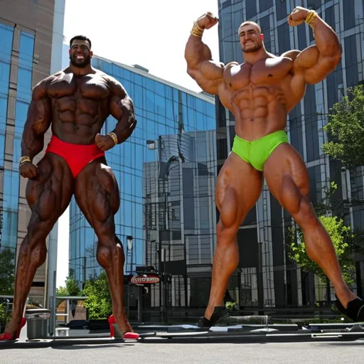 Prompt:  20 foot tall bodybuilder vs 7 foot tall bodybuilder,  