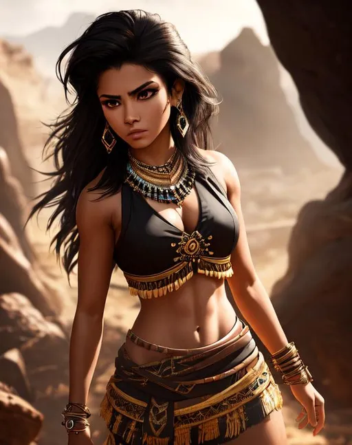 Prompt: Isabela Merced, 17 years old, wearing tribal cueitl, sleeveless, determined, fierce, hero, dirty, dramatic, human, cinematic lighting, caustic, cave background, black hair, brown eyes, battlefield, ethereal, jewelry set,stunning, royal vibe, highly detailed, digital painting, Trending on artstation , HD quality, tan skin,artgerm, by Ilya Kuvshinov