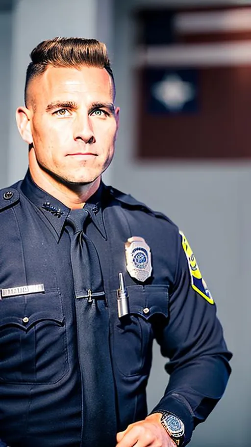 Prompt: Henry Smith, Ohio Police Officer, Officer, Law, Police, Policeman, Police Uniform, fit, Athletic, Muscular, Strong, Police Force, Police Officer, HD, UHD, 64K UHD, HIGH DEFINITION, HD, 