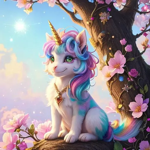 Prompt: Glittering close up cute and adorable colorful Unicorn gremlin widely smiling creature on a tree, filigree, long striped tail, reflective eyes, flowers, rim lighting, lights, extremely fluffy, detailed eyes. magic, surreal, fantasy, digital art, Alice in Wondeland style, wlop, artgerm and james jean, extremely detailed teeth, cute teeth, , kids story book style, muted colors, watercolor style