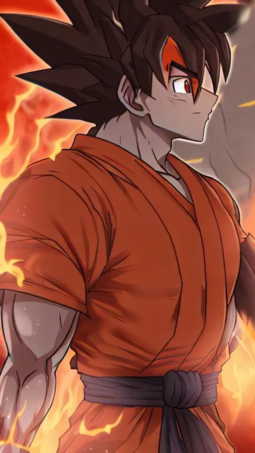 Prompt: Goku, very muscular build, humanoid creature, gray skin, fire burning from heady,  very angry, evil, side profile