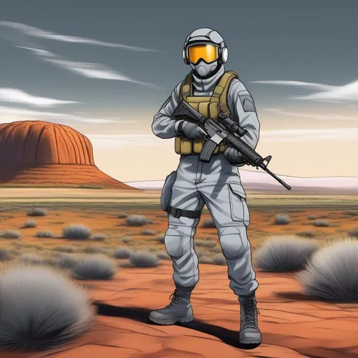 Prompt: Full Body, whole figure. A Australian scifi soldier. He wears a 20th century grey uniform. He wears a full helmet covering the face. He wields a rifle. In background Ayers Rock. anime art. 2d art. 2d. Well draw face. Detailed. Dynamic pose