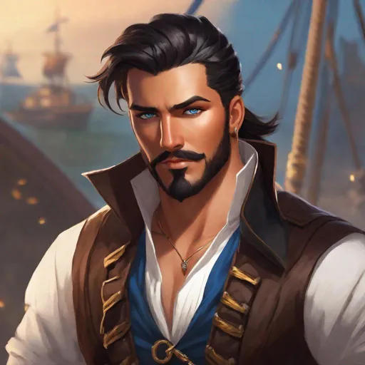 Prompt: handsome, tanned-skinned male pirate with short jet-black hair slicked back, a neatly groomed goatee, and blue eyes. wearing a brown vest with a ruffled white shirt. action shot. character concept art. rapier