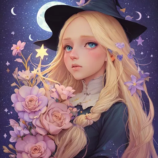 Prompt: witch with long blonde hair, cute, flowers, aesthetic, pastel, fairycore, disney, pixar, moon, stars, witchcraft, in a starry pastel sky, sweet, award winning illustration, artstation, highres