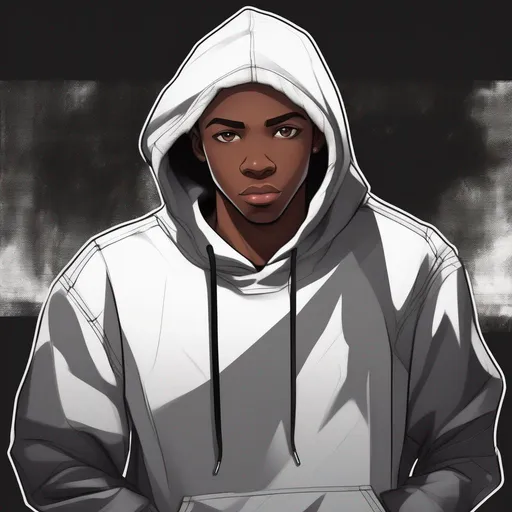 Prompt: Anime Style, African American young adult male, wearing black hoodie, with black jeans.