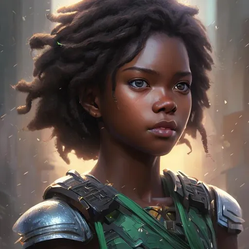 Prompt: Closeup face portrait of a nigerian warriar princess  dark black hair and green eyes smooth soft skin, small shallow eyes, beautiful intricate colored hair, symmetrical, snowing, soft lighting, detailed face, by makoto shinkai, stanley artgerm lau, wlop, rossdraws, concept art, digital painting, looking into camera