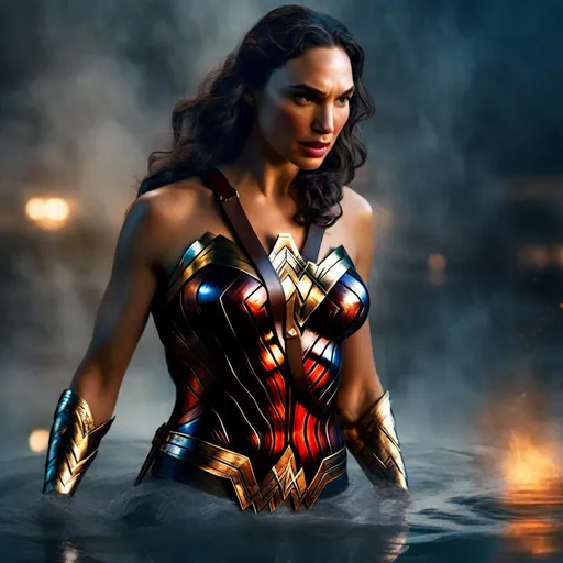 Prompt: depict Actress Gal Gadot in the pregnant wonder woman role, full-body detailed picture, water, glass, fire, smoke, reflection, detailed skin texture, focus on the eyes 