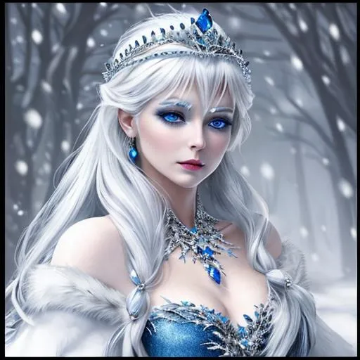 Prompt: Snow queen, wearing sapphire jewelry , silver hair, pretty makeup,blue eyeshadow