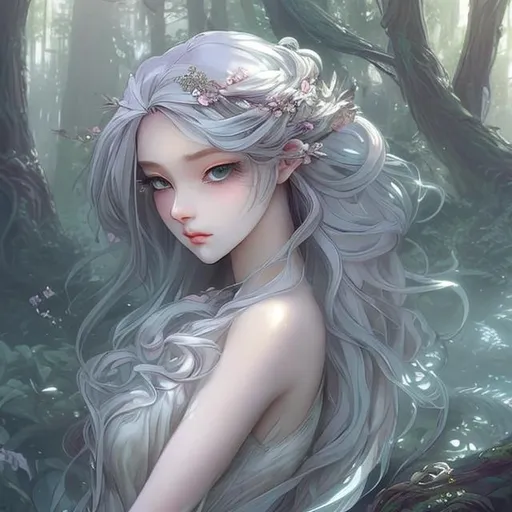 Prompt: Character Design: Design an elegant and captivating female character with an anime-inspired aesthetic. Emphasize delicate features, expressive eyes, and flowing hair. Feel free to incorporate fantasy elements like wings, floral accessories, or other subtle hints of magic.
Natural Setting: Choose a serene and enchanting natural environment for the girl to inhabit. It could be a lush forest glade, a serene lakeside, a magical waterfall, or any other setting that complements the character's ethereal beauty. Focus on creating a peaceful atmosphere with gentle lighting and soft colors.
Composition: Compose the artwork to highlight the character as the central focal point. Use framing techniques like overhanging branches, surrounding flowers, or cascading water to draw attention to the girl. Consider incorporating elements of symmetry or asymmetry to add visual interest.
Mood and Colors: Aim for a calm and tranquil mood. Utilize a color palette dominated by pastel shades, such as soft blues, gentle pinks, or soothing greens. Introduce subtle gradients and lighting effects to enhance the dreamlike atmosphere.
Style and Artistic Approach: Experiment with different art styles such as traditional anime, soft watercolors, or detailed digital illustrations. Choose a style that best suits your artistic preferences and showcases the character's ethereal beauty.