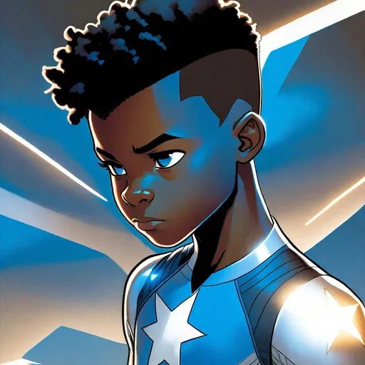 Prompt: Concept art of a thirteen-year old black teenage boy. He has African-American hair texture, a low black mohawk, and a short close-cropped fade haircut. He is wearing a blue-and-white superhero jumpsuit with a white star on chest. smooth soft skin, glowing blue eyes, soft lighting, detailed face, Marvel comics art. Comics art. 2d art. DC comics art. Well draw face, detailed.