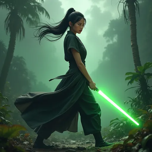 Prompt: Clad in a sleek, short-sleeved outfit of flowing black and grey robes that highlights her athletic frame as it flows, a young Asian woman stands poised in a dramatic battle pose in a landscape, wielding a glowing green lightsaber in one hand, she reaches out forward with the other hand in a clenched fist. Her black hair is flowing, accentuating her fierce expression as she prepares for battle against the backdrop of a wet dark rain forest with tropical plants and palm trees that tower ominously. The atmosphere is charged, with swirling clouds and a green haze in the distance, casting a dramatic glow that enhances the tension of the scene. Overall, the image conveys a sense of empowerment and urgency, blending elements of fantasy and adventure as the figure exudes confidence in an otherworldly setting.