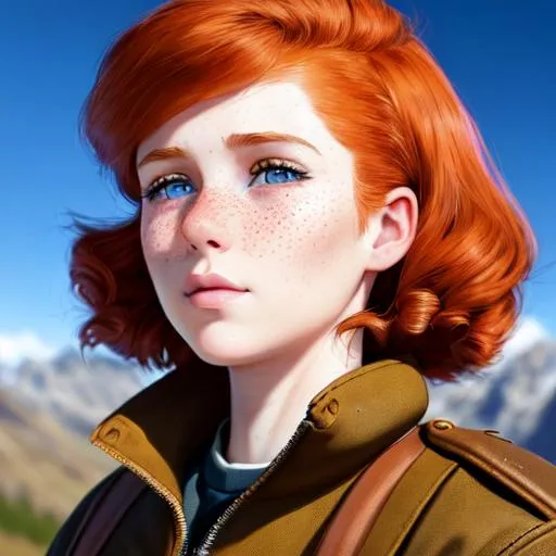 Prompt: cartoon book sketch,  full shot, full-length portrait, wide field of view,

war girl, 18 years old, gorgeous oval face, tiny micro freckles, small nose, juicy lips, pointy chin, redhead ginger, big blue eyes, plump, in the mountains, 

wearing old uniform, worn out leather jacket, worn out military boots

hyperrealistic space 8k 18+ shot of the day beautiful epic high resolution