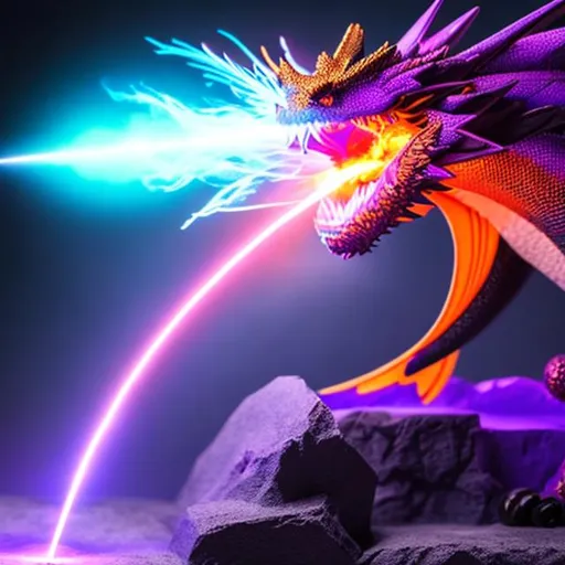Prompt: purple flame dragon shooting a blue laser beam from its mouth creating a crack in reality in a realistic style