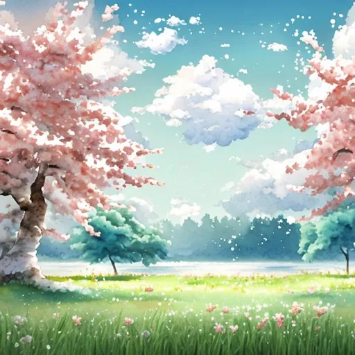 Prompt: paint a watercolour painting with one cherry tree in pink, pale blue sky and white a couple of clouds, pastel green tones for the grass. Create a high pixel quality spring scene in nature using the items mentioned in the previous sentence. 
