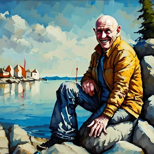 Prompt: Old eccentric happy man sitting on rocks with a Canadian fishing village behind him 