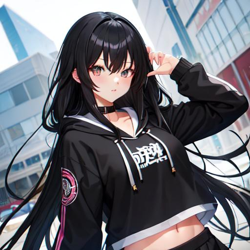 Black long hair anime high school cool girl with bla