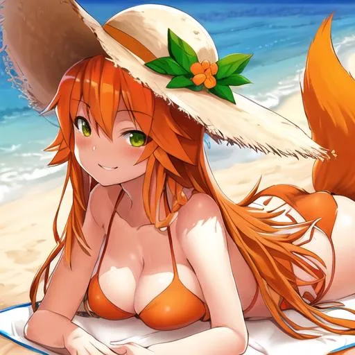 Prompt: an orange kitsune sitting at the beach, sun hat, close-up, smiling, long hair, green eyes, bust, best quality skies, wonderful quality, pixiv fanbox