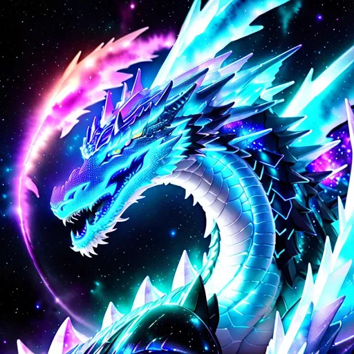 Prompt: Watercolor portrait of a roaring neon ice dragon with iridescent black markings roaring with and galaxy in background, perfect composition, hyper realistic, super detailed, 8k, high quality, trending art, trending on art station, sharp focus, studio photo, intricate details, highly detailed, by greg rutkowski, illustration, watercolor