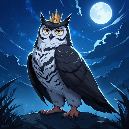 Prompt: Attractive man. Twink. Owl Features. Black feathers. Fluffy. Night sky. Crown. Nipeircing