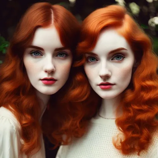 Prompt: Two young woman, red hair, long and curly, pale skin, tall,
60s aesthetic, ,analog filter, perfect composition, hyperrealistic, super detailed, 8k, high quality, trending art, sharp focus, intricate details, highly detailed