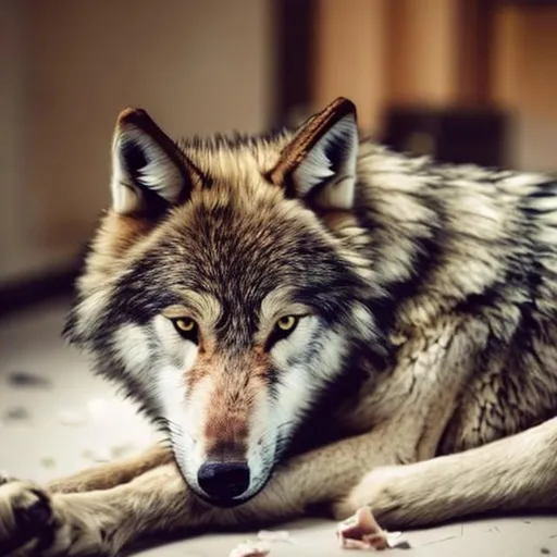 Prompt: an injured wolf laying on the floor
