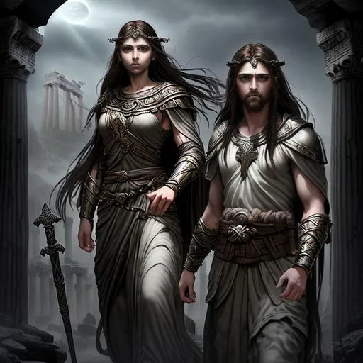 Prompt: Epic, Heroic, fantasy, ominous, cinematic lighting, 3D, HD, [{Rugged Handsome!}Male as Philosopher and with {brown hair}, Beautiful big eyes], 
[{Beautiful! Gorgeous!}Female as Priestess and with {black hair}, Beautiful big eyes]2, {Greek}mythology, mist, expansive ancient Greek background, hyper realistic, uber detailed, 64k, high quality, sharp focus, intricate details, highly detailed --s98500