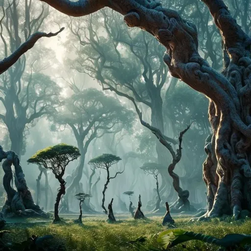 Prompt: They stood in the midst of an ethereal forest, bathed in soft, silvery light. The trees were colossal, their trunks covered in intricate patterns that seemed to tell stories of ages long past. Clara, always the curious intellect, ran her paws over the bark of one of the trees. “These trees… they’re like living books.”