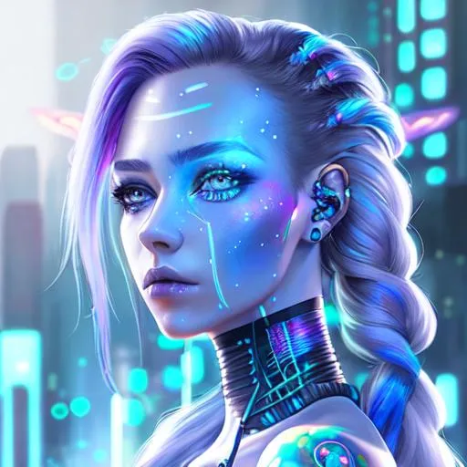 Prompt: Cyberpunk girl, fantasy art, iridescent, stardust skin, detailed human  face, braided hair, white tattoos, ultra realistic,  android, ethereal