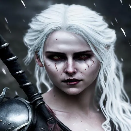 Prompt: Ciri from witcher as demon, full body, clean face, white hair, covered in black paint, rain, finely detailed armor Cinematic, horor scene, Photography, Shot on 200mm, Telephoto, F/2.8, high Contrast, 8K, Cinematic Lighting, Volumetric Lighting, etheral light, intricate details, extremely detailed, body