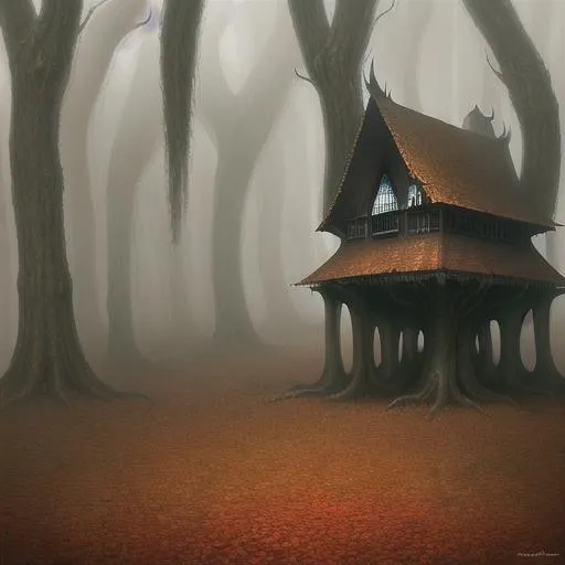 Prompt: surreal concept art of a strange winged cabin flying in an autumnal forest, foggy, gloomy, lots of details, intricate scene, correct, digital painting, fine tuned,  64k