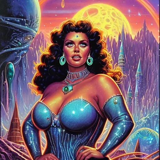 Prompt: 1970s science fiction fantasy cover art by Earl Norem. Close up of beautiful plus size sorceress wearing bikini dress, shimmering jewels, rhinestones, diamonds, sapphires, emeralds, rubies, moonstones.  On futuristic alien planet with Castle in the background illuminated by neon lights. Vibrant dramatic colors, with alien planets in the sky. 