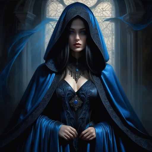 Prompt: (gothic art) a woman with dark hair, dressed in a striking black and blue costume, elegantly draped in a flowing blue cape and a matching cloak over her head, intricate details in her attire, (dark fantasy) moody ambiance, ethereal lighting, rich textures, (fine art painting) capturing shadows and light play, ultra-detailed, high-quality, evocative imagery, hints of mystique in the background.