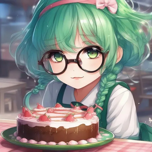 Prompt:   anime girl manhwa style cute and pretty, with eye pretty detailed,  slide of cake , with green hair, Bright style, Wear glasses , Loli, age 7