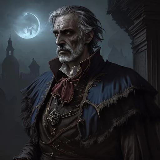 Prompt: highest quality concept art masterpiece, dark fantasy, Ravenloft, digital drawing, photo-realistic, Italian, Roma, short hair,  colorful royal ragged and worn clothes, older male baron, poor and does not show it, dark, night, mists, rotten mansion, 
