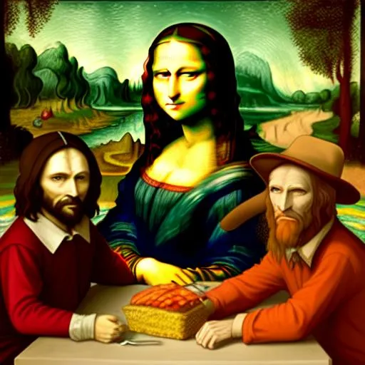 Prompt: mona lisa and freddy krueger and jesus christ enjoying a picnic, in the style of van gogh