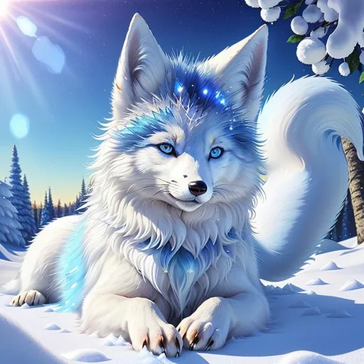 Prompt: (masterpiece, highly detailed oil painting, best quality, 3D, UHD), white fox-wolf hybrid, bashful hypnotic (sapphire-blue eyes), 8k eyes, lying in the snow, thick glistening frosted deep blue fur, thick lavish blue mane, emanating with blue aura, fluffy fox ears, white sparkles, sunlight beams, artstation, Anne Stokes, featured on deviantart,
icon for an ai app,
detailed smiling face,
blue glacier, looking at camera, Yuino Chiri, kitsune, header text, yee chong silverfox, beaming sunlight, extremely beautiful, lazy, (plump:2), insanely beautiful portrait, epic digital rendering, professional, symmetric, golden ratio, unreal engine, depth, volumetric lighting, rich oil medium, (brilliant auroras), (ice storm), full body focus, beautifully detailed background, cinematic, 64K, UHD, Yuino Chiri, intricate detail, high quality, high detail, masterpiece, intricate facial detail, high quality, detailed face, intricate quality, intricate eye detail, highly detailed, high resolution scan, intricate detailed, highly detailed face, very detailed, high resolution, perfect composition, epic composition