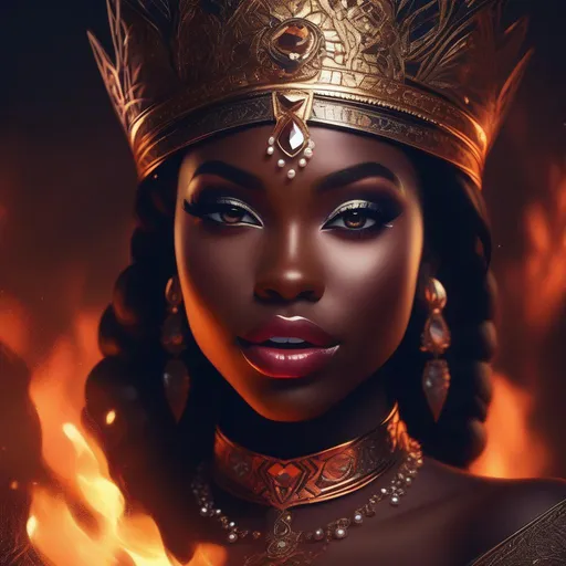 Prompt: and beautiful pretty art 4k full HD fire princess as dark skin brown skin big lips full lips mad face smug smile 