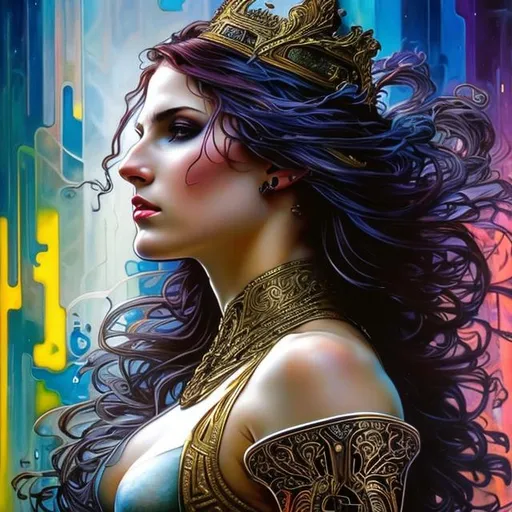 Prompt: hot shieldmaiden, Alphonse Mucha, Luis Royo, Joyce ballantyne, rainbow hair,  graffiti art, splash art, street art, spray paint, oil gouache melting, acrylic, high contrast, colorful polychromatic, ultra detailed, ultra quality, CGSociety, depth of field