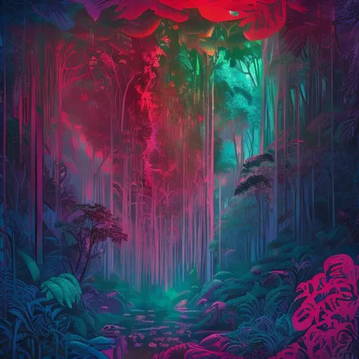 Prompt: Jungle, eerie, pink crystal heart in the center, surrounded by rivers, vertical art, time is twilight, smooth, painting strokes, arcane styling 
