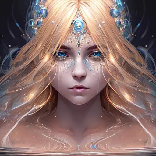 Prompt: Blonde electric goddess of water, digital painting, highly-detailed symmetric face, cinematic dark cold color palette, spotlight,perfect composition, hyperrealistic, super detailed, 8k, high quality, sharp focus,intricate details, highly detailed, dynamic lighting, detailed and intricate environment,