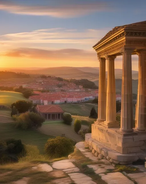 Prompt: In the golden hour of sunrise, a wide-angle lens captures an expansive landscape with rolling hills and a colorful sky, while a cityscape emerges in the distance. The architectural details of ancient buildings add a touch of history to the scene.
