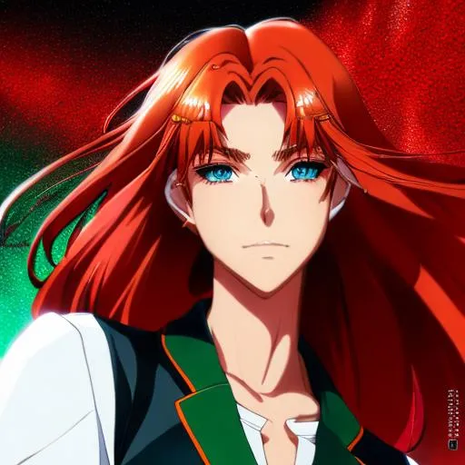 Prompt: anime man, solder uniform, long red hair, green eyes, in full growth, digital art, weapons