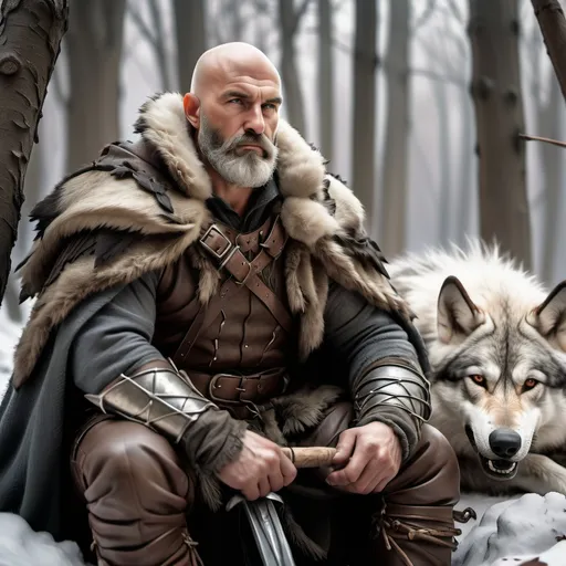 Prompt: (old celt warrior), (thick muscled, ruggedly handsome, scars), (bald, short black-grey beard), rugged leather armor, fur cloak, (arrows), (posed sleeping near campfire accompanied by a fierce dire-wolf), winter woods, (soft light filtering through branches), (muted colors, soft tones), (realistic), (4K, ultra-detailed).