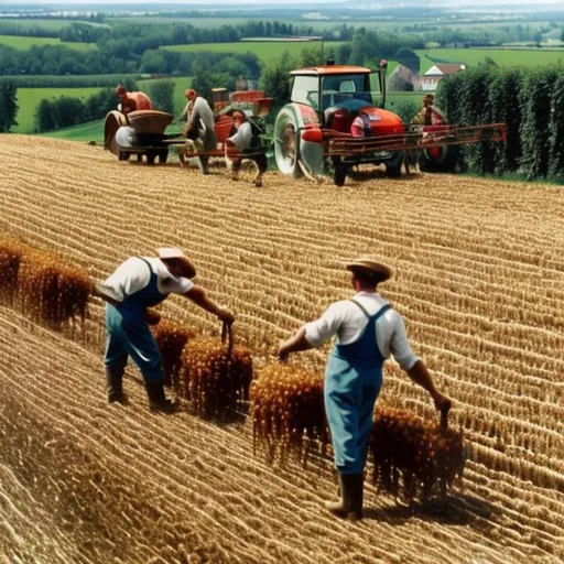 Prompt: Picture agricultural workers in Germany harvesting Thüringer Bratwurst. 