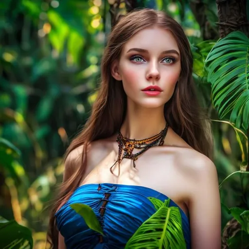 Prompt: professional modeling photo Jane as live action human woman hd hyper realistic beautiful petite english woman brunette hair fair skin blue eyes beautiful face victorian yellow dress and jewelry and parasol enchanting african jungle hd background with live action realistic jungle vines