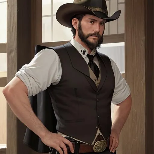 Prompt: Short Light Brown haired Sheriff with short beard in a black vest with white rolled-up sleeves with a holster in a western town

